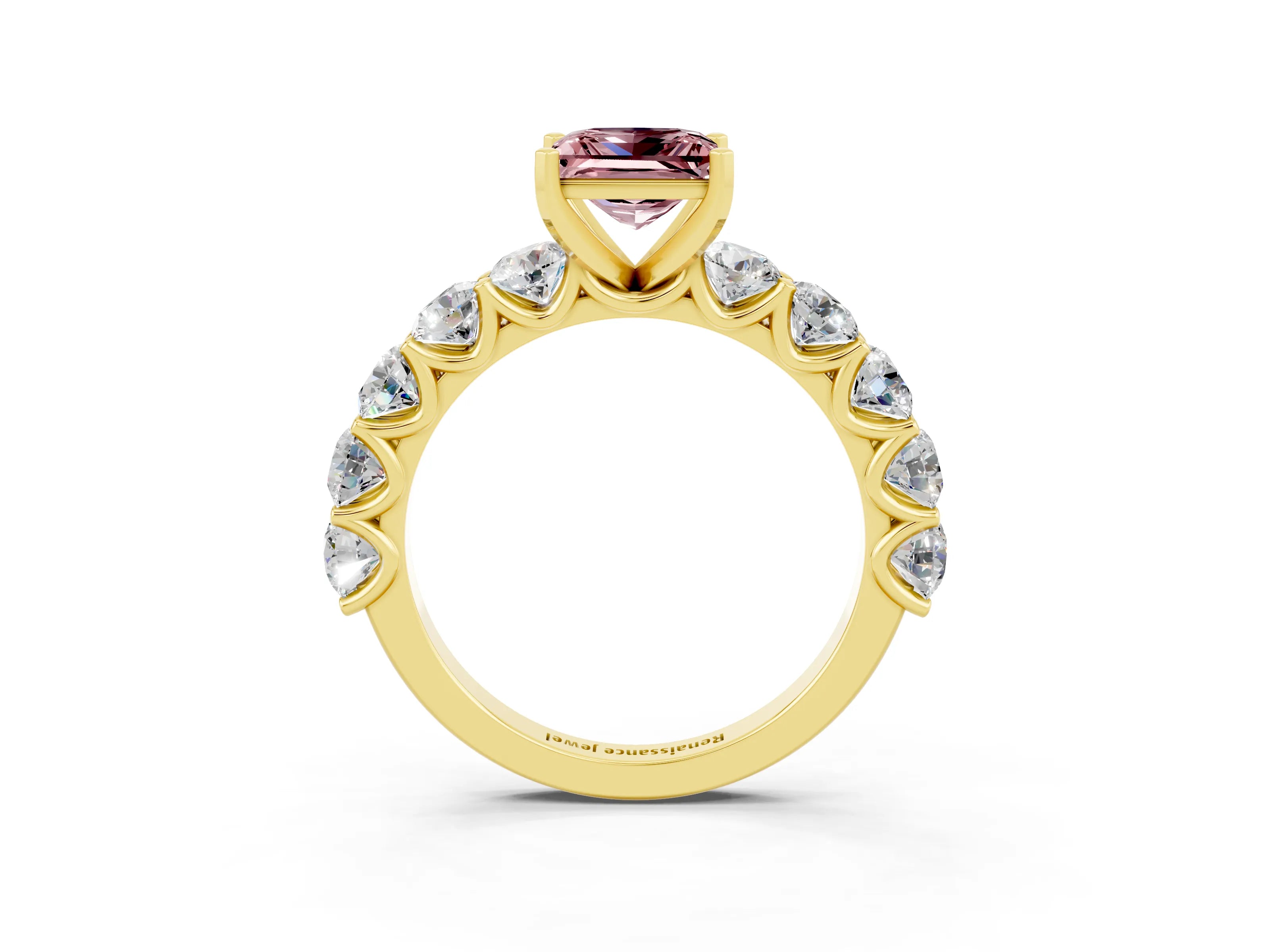 Yellow gold Princess Cut Morganite Prong Setting with Side Stones on a Pave Band_3