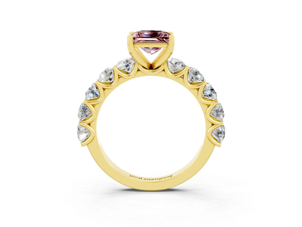 Yellow gold Princess Cut Morganite Prong Setting with Side Stones on a Pave Band