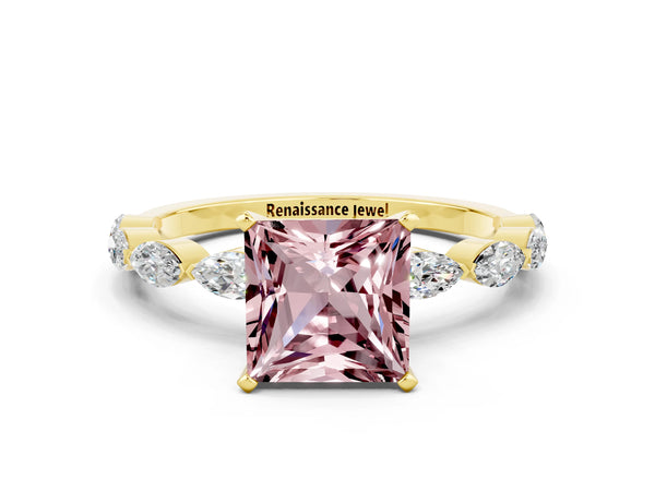 Yellow gold Princess Cut Morganite Ring with Marquise Side Stones and Prong Setting