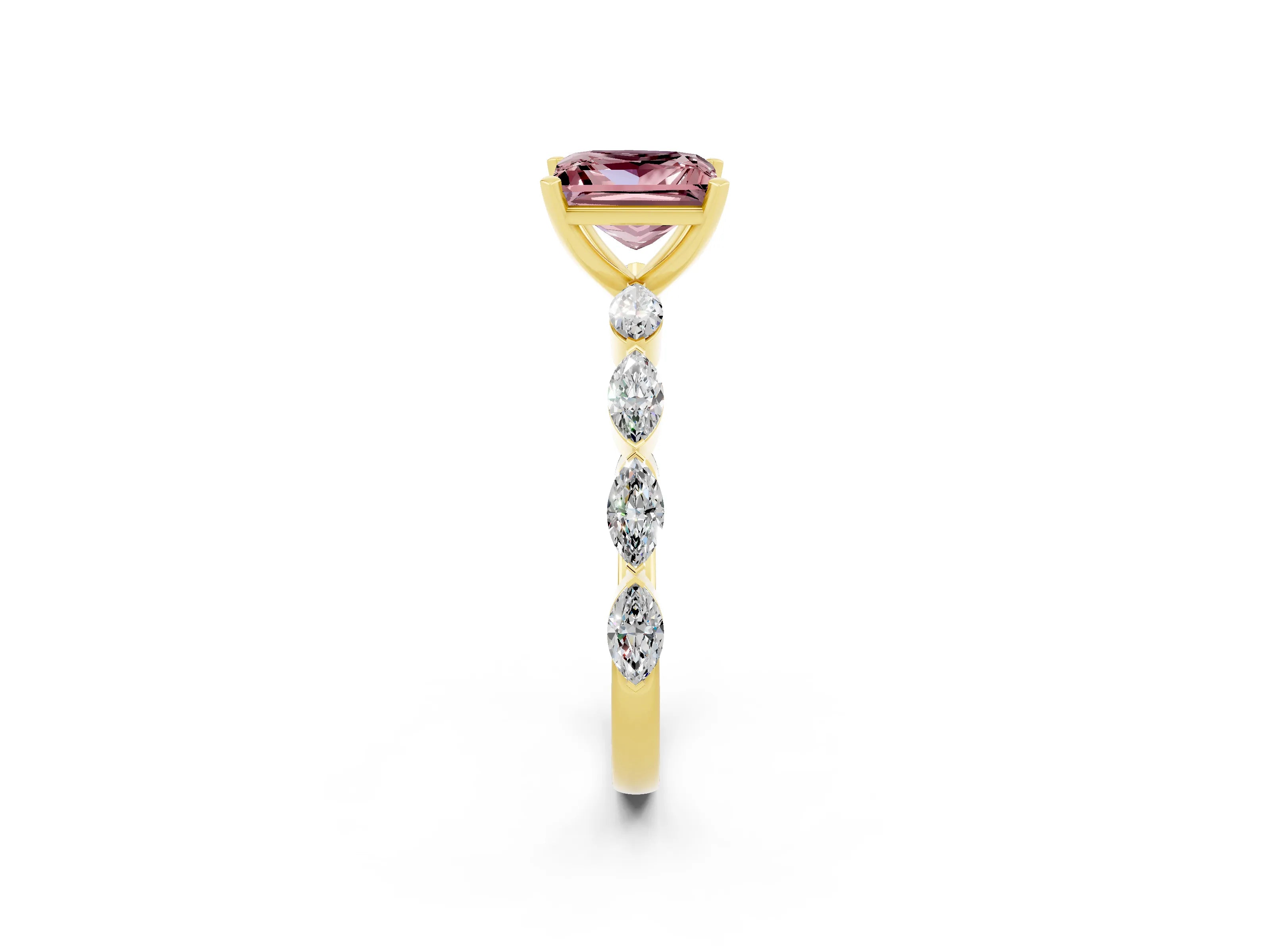 Yellow gold Princess Cut Morganite Ring with Marquise Side Stones and Prong Setting_2