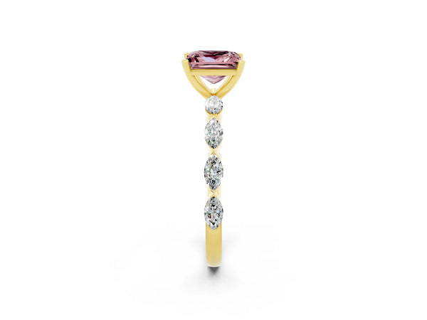 Yellow gold Princess Cut Morganite Ring with Marquise Side Stones and Prong Setting