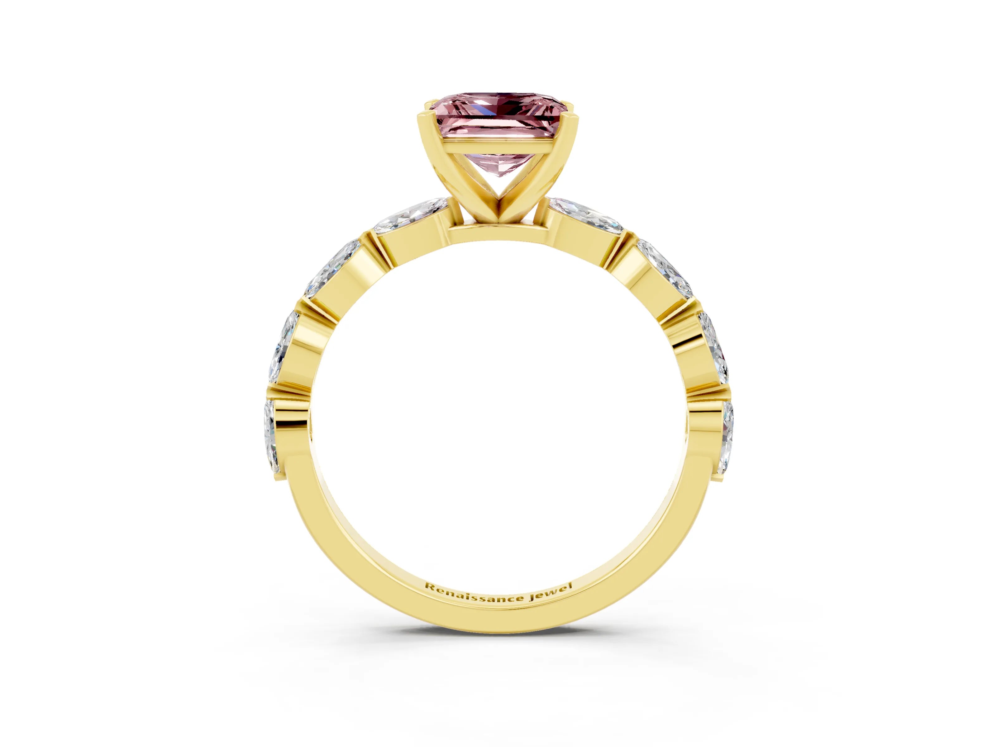 Yellow gold Princess Cut Morganite Ring with Marquise Side Stones and Prong Setting_3