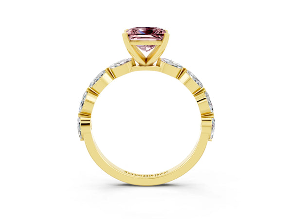 Yellow gold Princess Cut Morganite Ring with Marquise Side Stones and Prong Setting