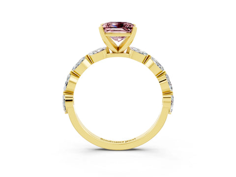 Yellow gold Princess Cut Morganite Ring with Marquise Side Stones and Prong Setting_3
