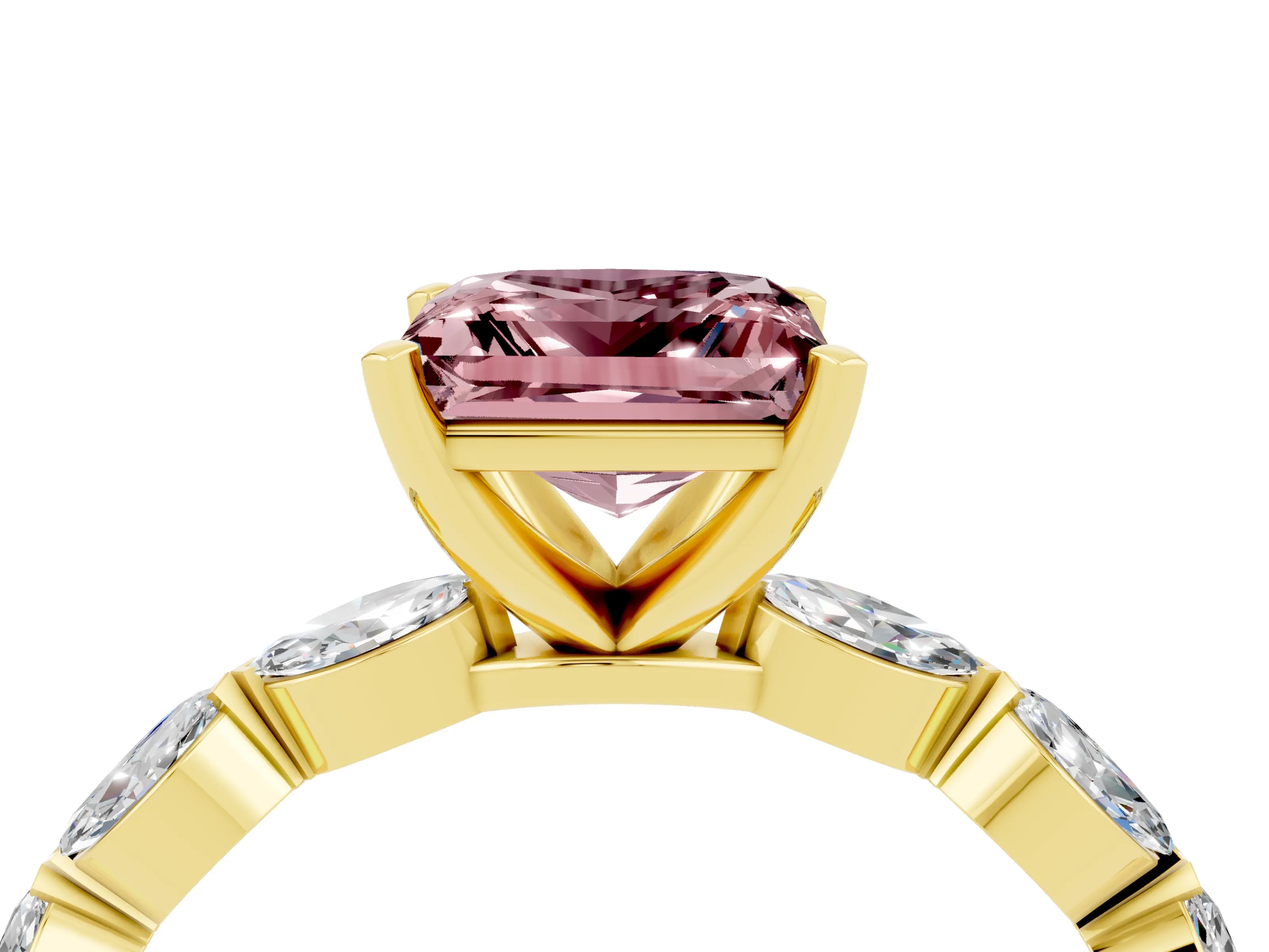 Yellow gold Princess Cut Morganite Ring with Marquise Side Stones and Prong Setting_4