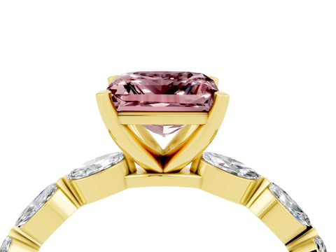 Yellow gold Princess Cut Morganite Ring with Marquise Side Stones and Prong Setting_4