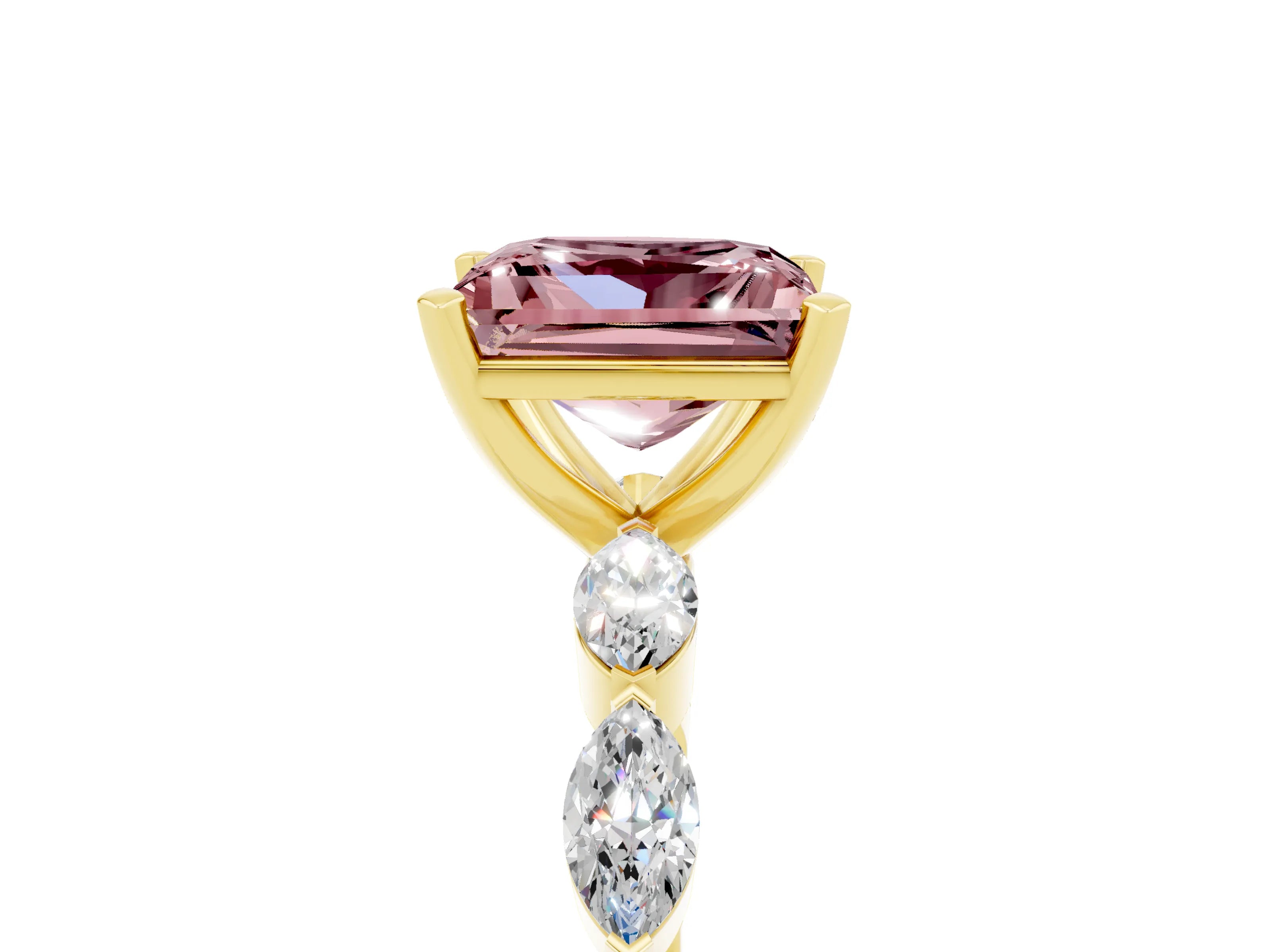 Yellow gold Princess Cut Morganite Ring with Marquise Side Stones and Prong Setting_5