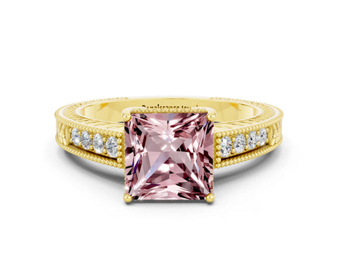 Yellow gold Princess Cut Morganite Ring with Milgrain Pavé Band and Four-Prong Setting_12