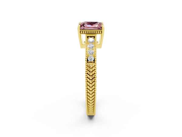 Yellow gold Princess Cut Morganite Ring with Milgrain Pavé Band and Four-Prong Setting