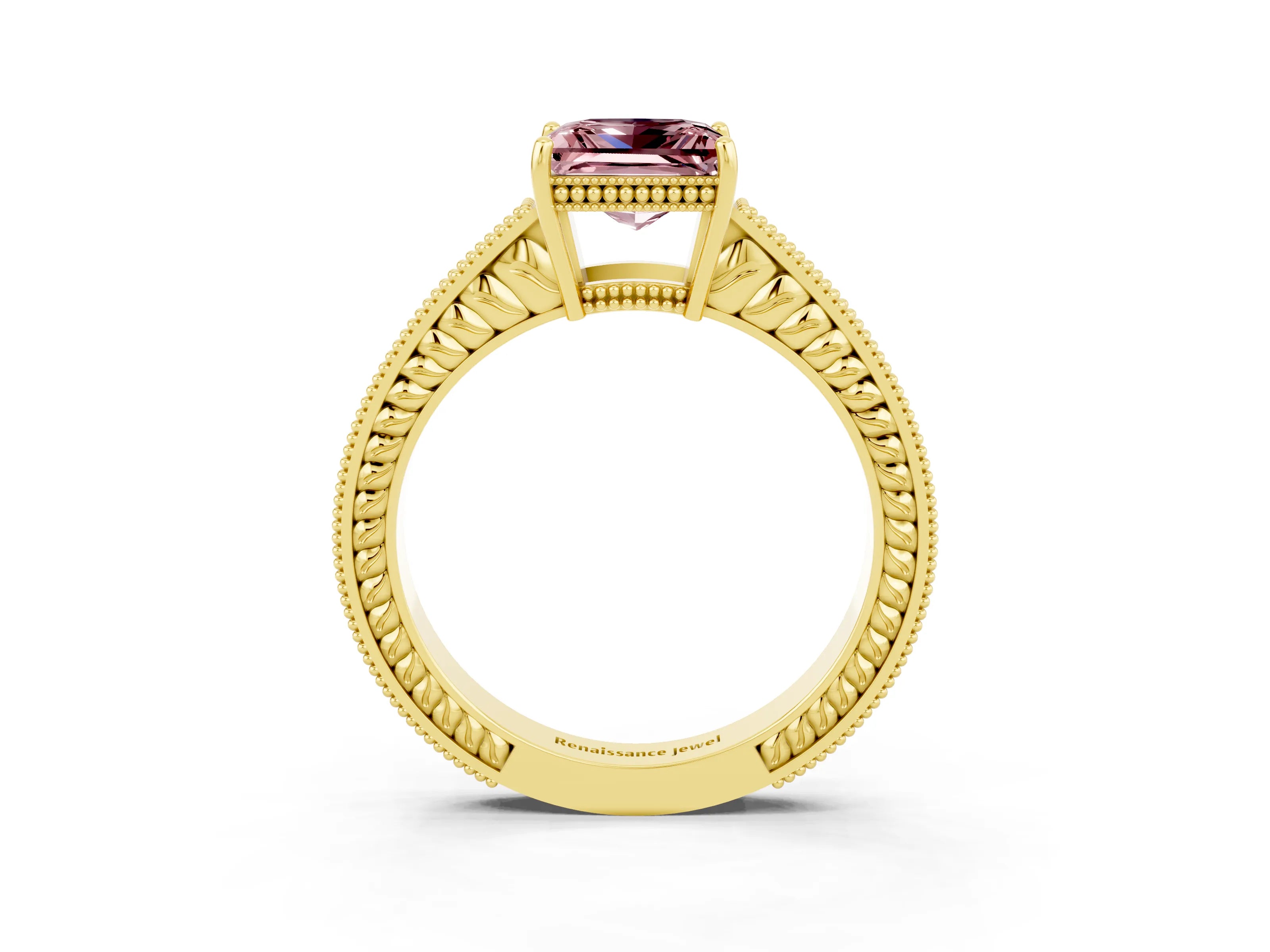 Yellow gold Princess Cut Morganite Ring with Milgrain Pavé Band and Four-Prong Setting_15