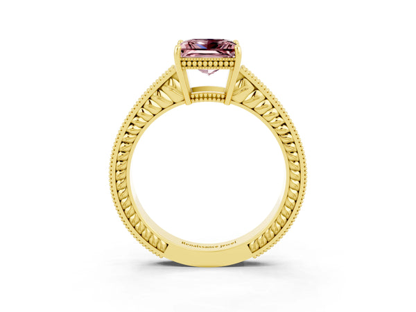 Yellow gold Princess Cut Morganite Ring with Milgrain Pavé Band and Four-Prong Setting