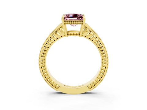 Yellow gold Princess Cut Morganite Ring with Milgrain Pavé Band and Four-Prong Setting_15