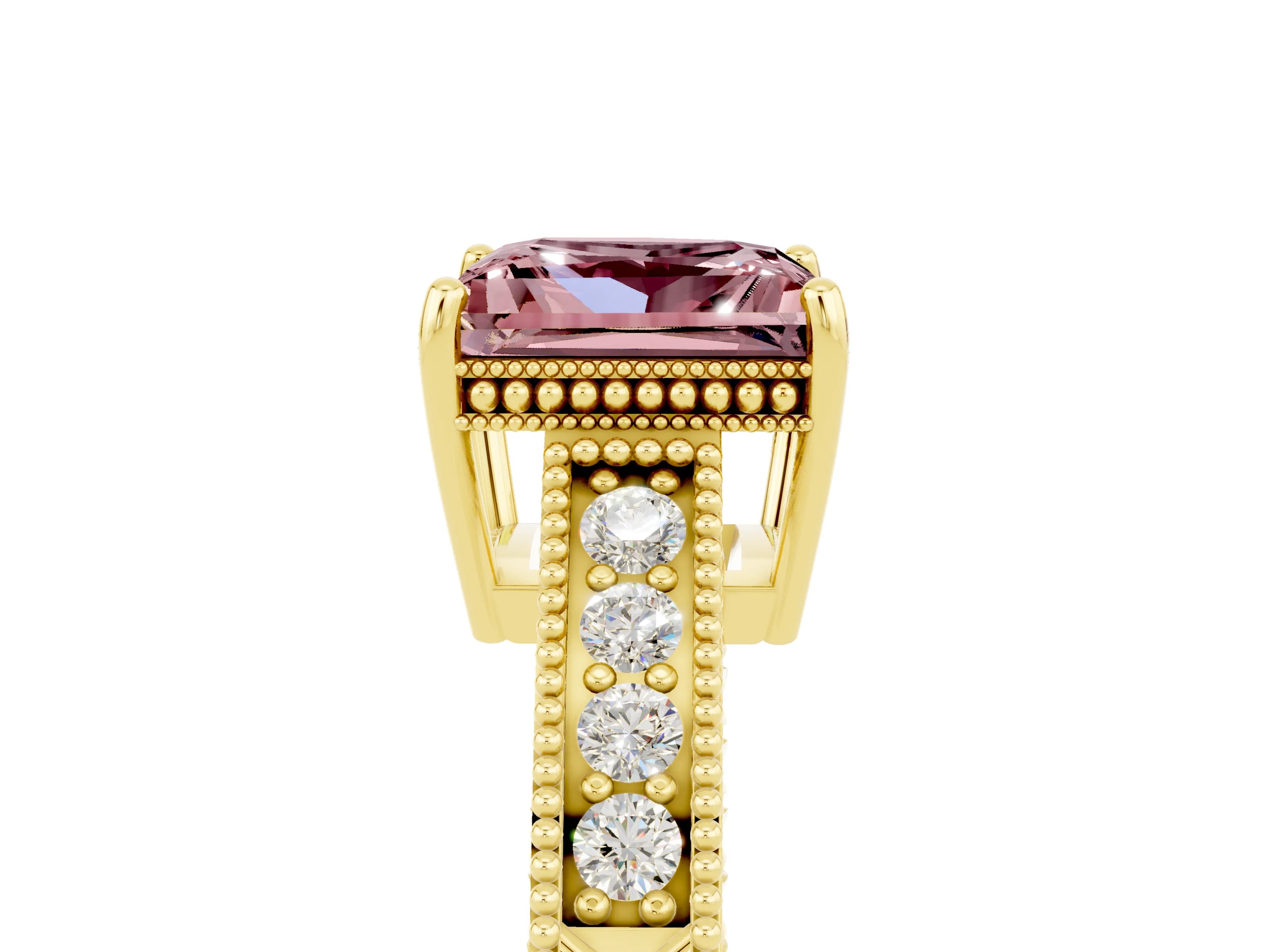 Yellow gold Princess Cut Morganite Ring with Milgrain Pavé Band and Four-Prong Setting_17