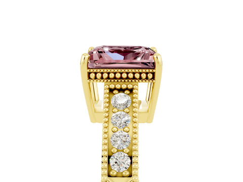Yellow gold Princess Cut Morganite Ring with Milgrain Pavé Band and Four-Prong Setting_17