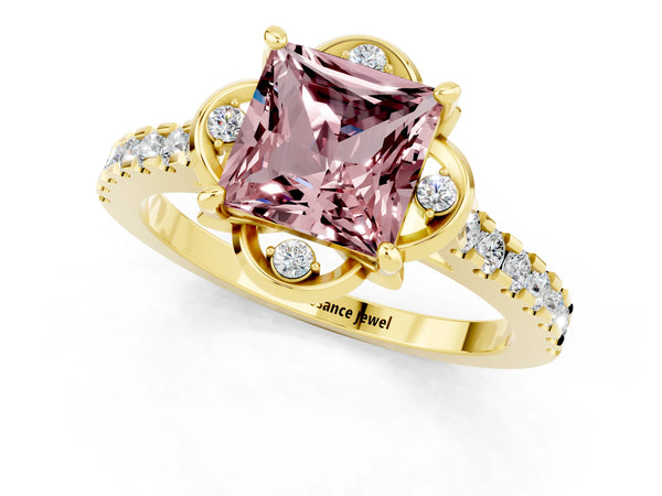 Yellow gold Princess Cut Morganite Ring with Pavé Band and Floral Prong Setting