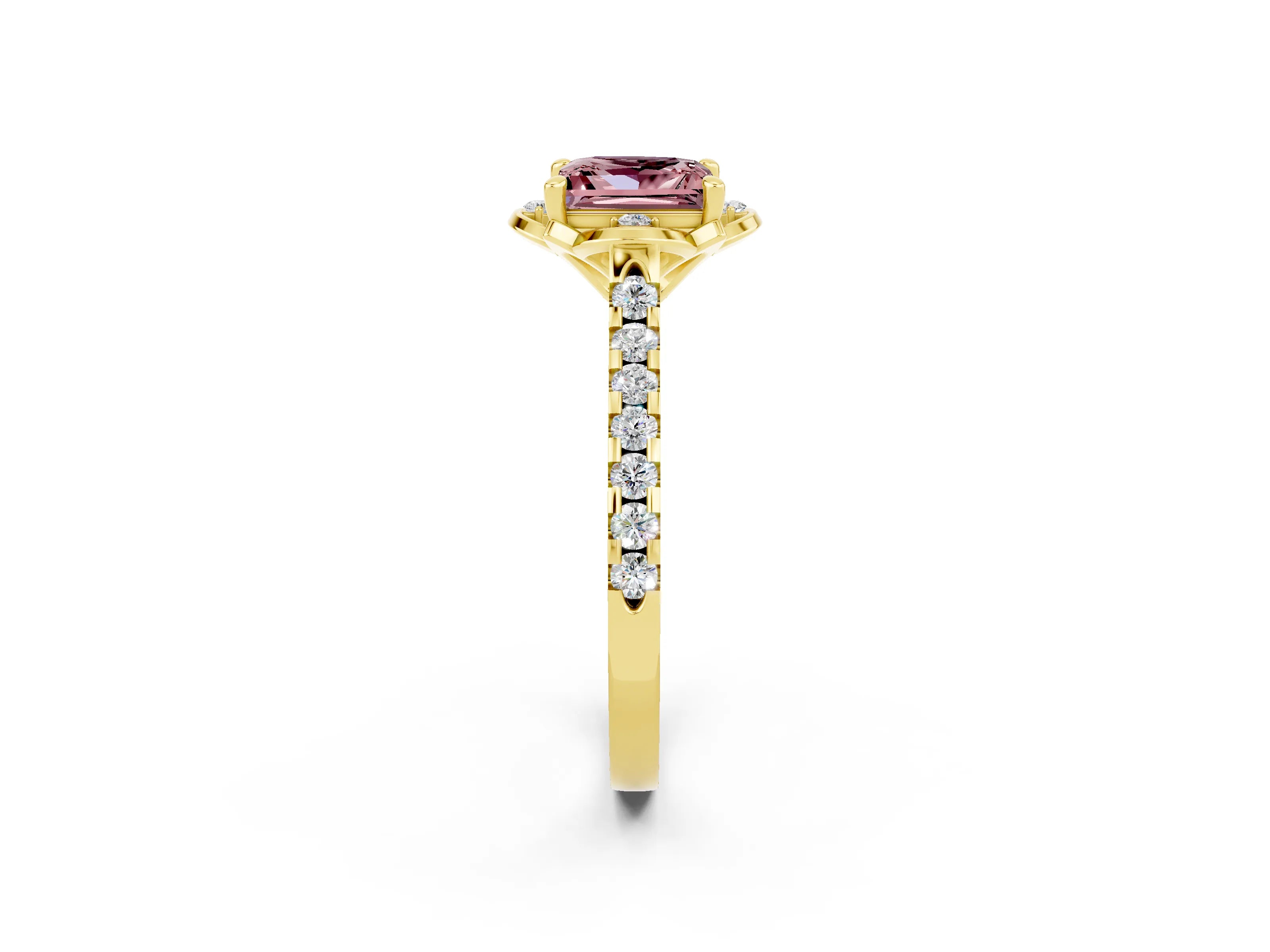 Yellow gold Princess Cut Morganite Ring with Pavé Band and Floral Prong Setting_2