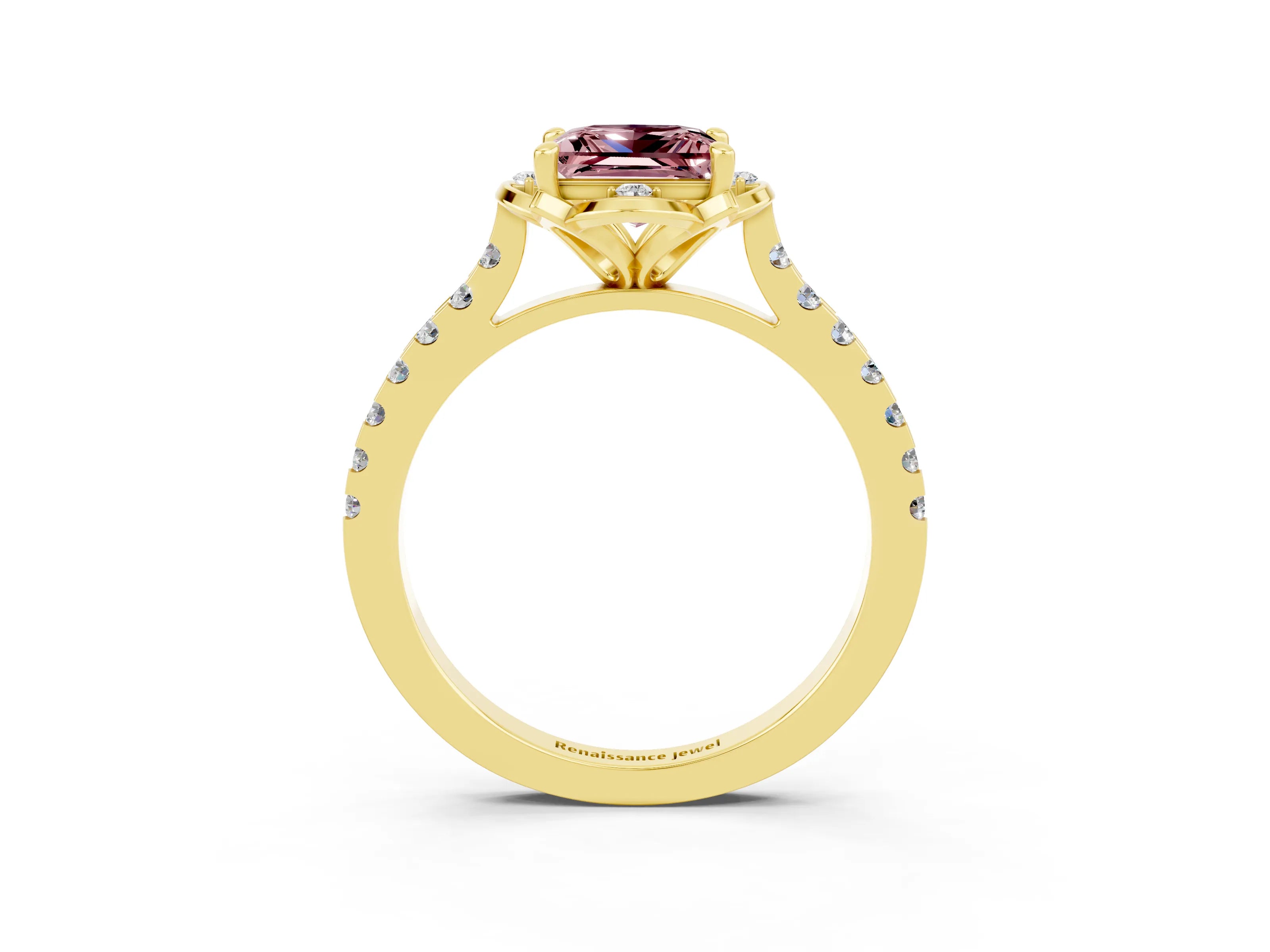 Yellow gold Princess Cut Morganite Ring with Pavé Band and Floral Prong Setting_3