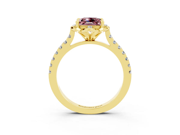 Yellow gold Princess Cut Morganite Ring with Pavé Band and Floral Prong Setting