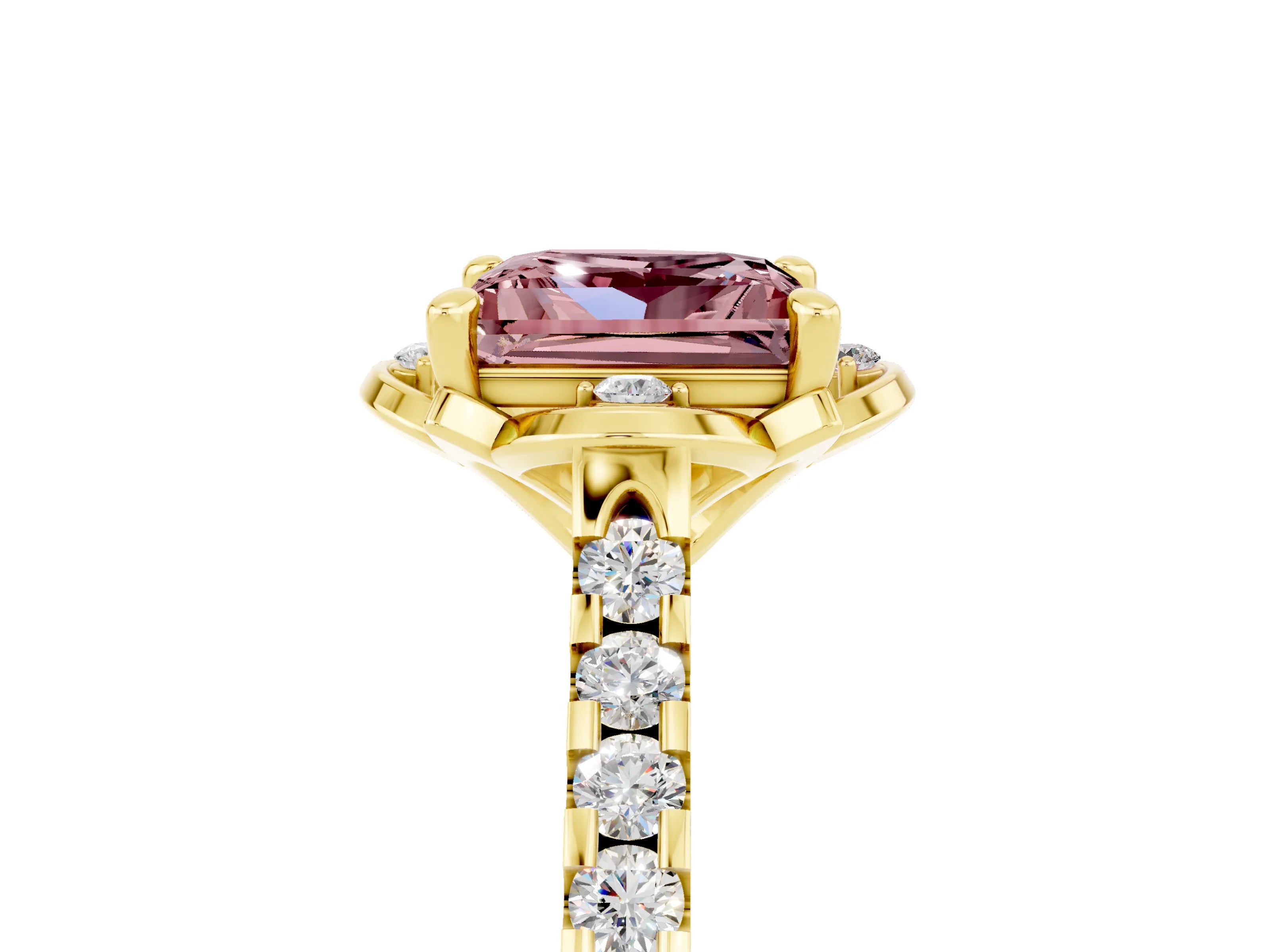 Yellow gold Princess Cut Morganite Ring with Pavé Band and Floral Prong Setting_5