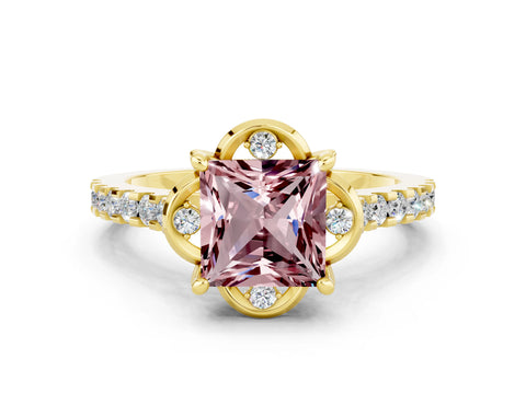 Yellow gold Princess Cut Morganite Ring with Pavé Band and Floral Prong Setting