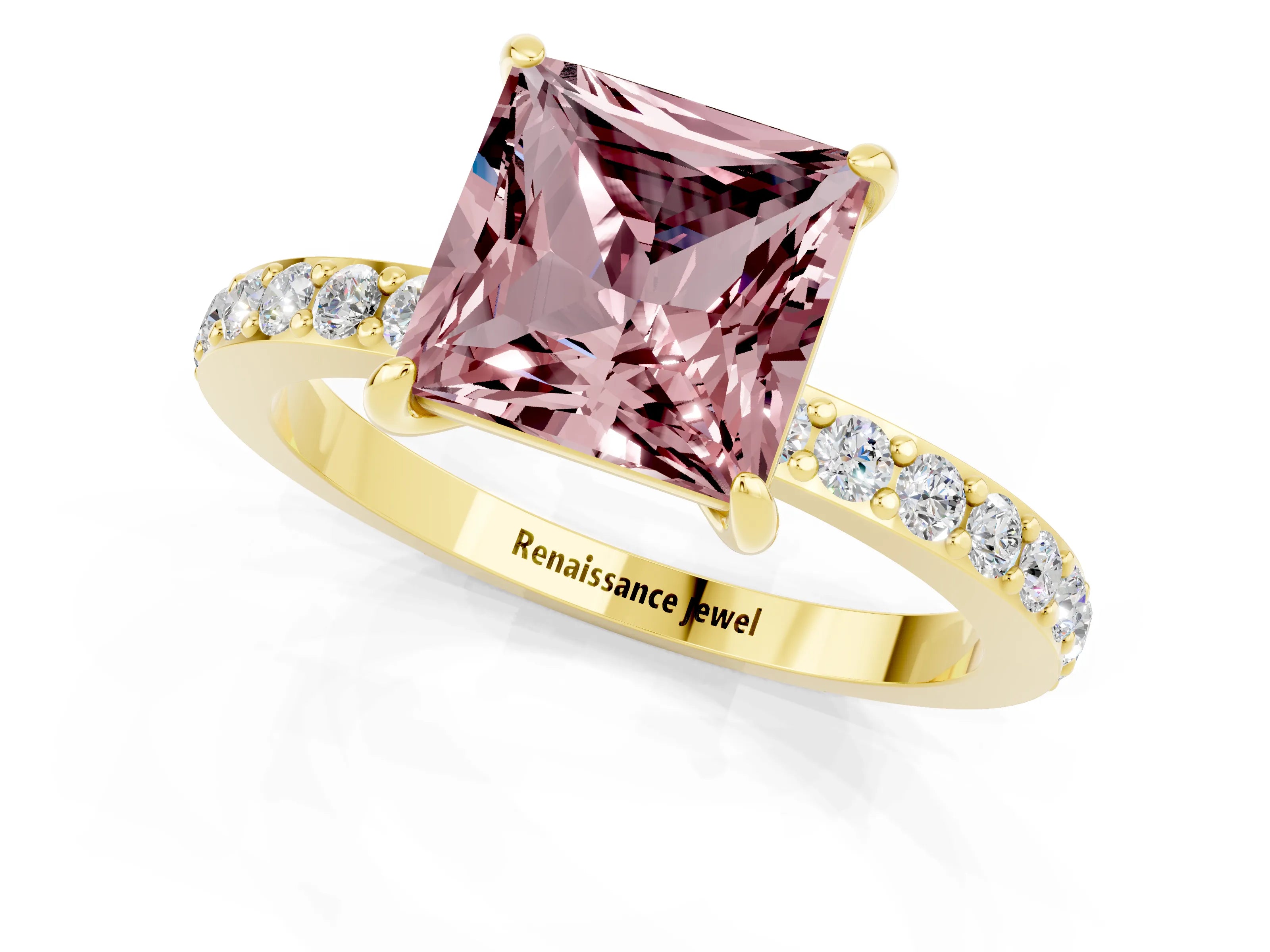 Yellow gold Princess Cut Morganite Ring with Pavé Band and Four-Prong Setting_1
