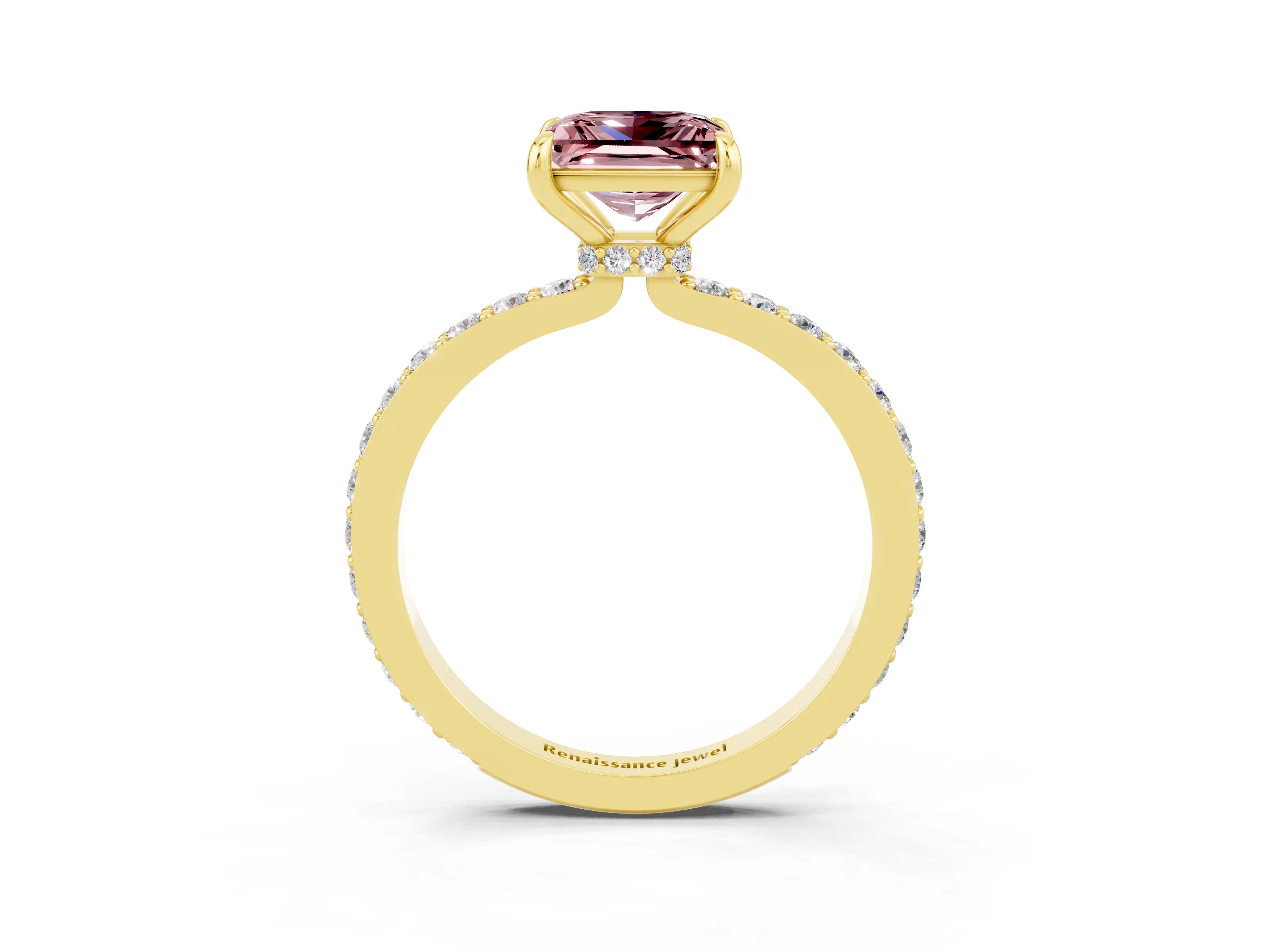 Yellow gold Princess Cut Morganite Ring with Pavé Band and Four-Prong Setting_3
