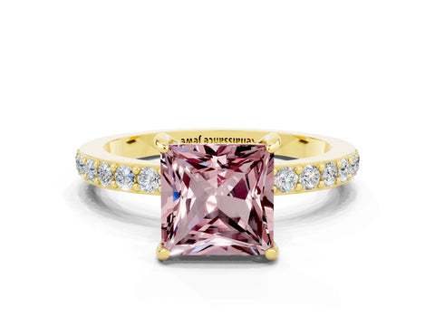 Yellow gold Princess Cut Morganite Ring with Pavé Band and Four-Prong Setting