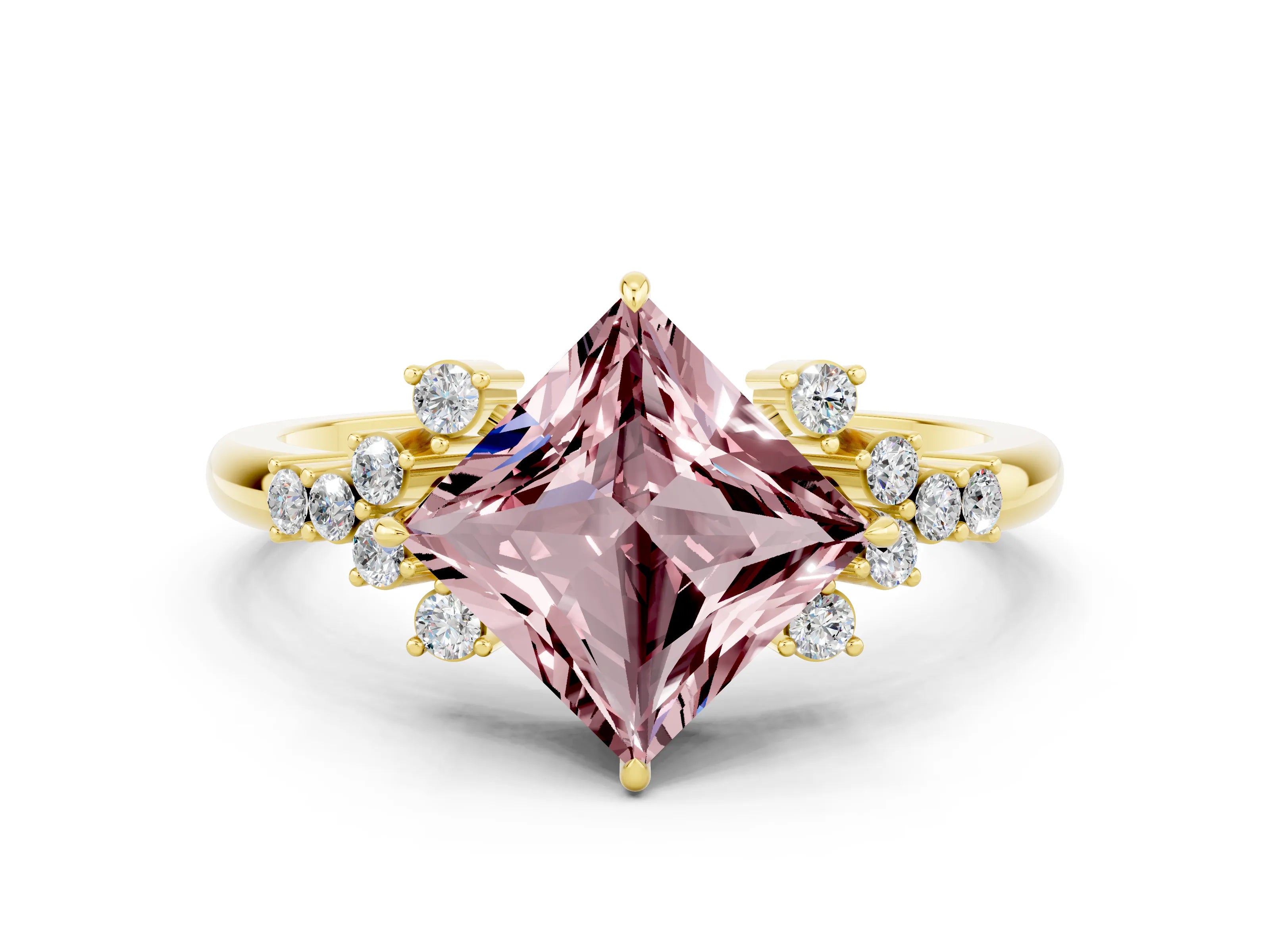Yellow gold Princess Cut Morganite Ring with Side Stones and Four-Prong Setting_36