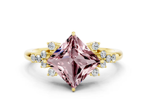 Yellow gold Princess Cut Morganite Ring with Side Stones and Four-Prong Setting_36