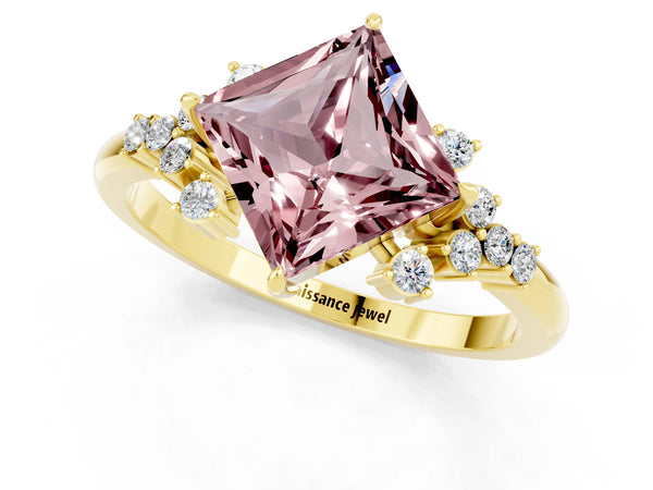 Yellow gold Princess Cut Morganite Ring with Side Stones and Four-Prong Setting