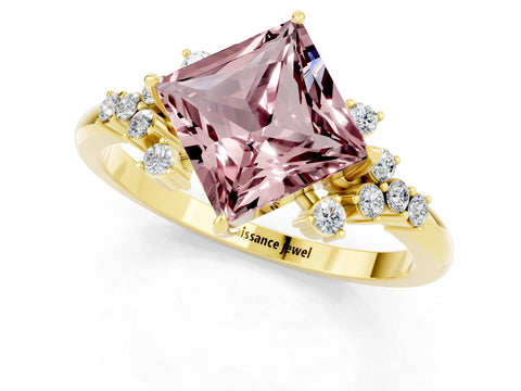 Yellow gold Princess Cut Morganite Ring with Side Stones and Four-Prong Setting_37