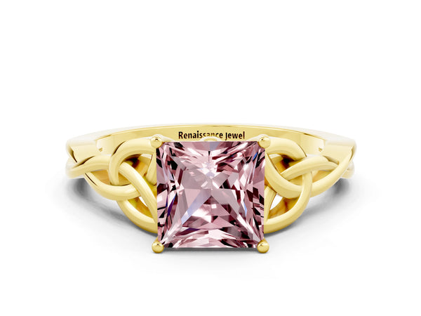 Yellow gold Princess Cut Morganite Solitaire Celtic Knot Ring with Four-Prong Setting