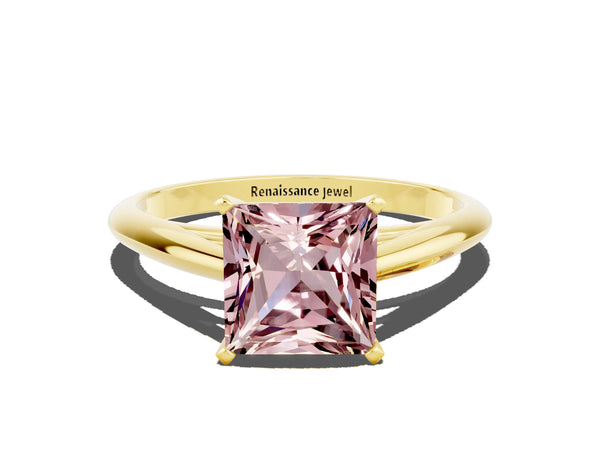 Yellow gold Princess Cut Morganite Solitaire Engagement Ring with Cathedral Setting and Four-Prong Mount