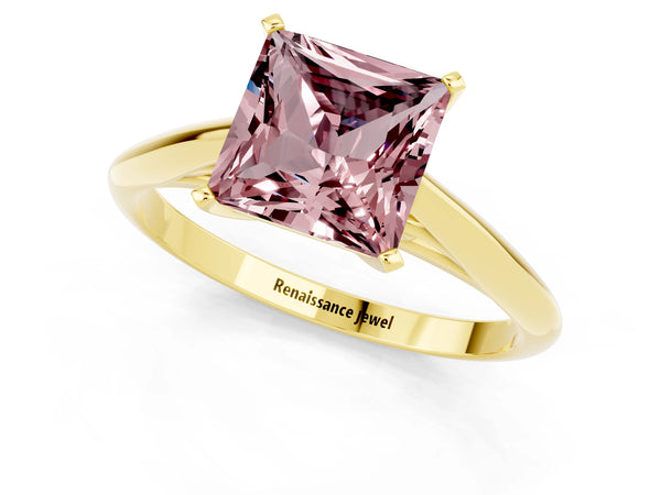 Yellow gold Princess Cut Morganite Solitaire Engagement Ring with Cathedral Setting and Four-Prong Mount