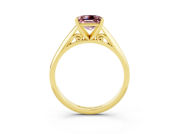 Yellow gold Princess Cut Morganite Solitaire Engagement Ring with Cathedral Setting and Four-Prong Mount