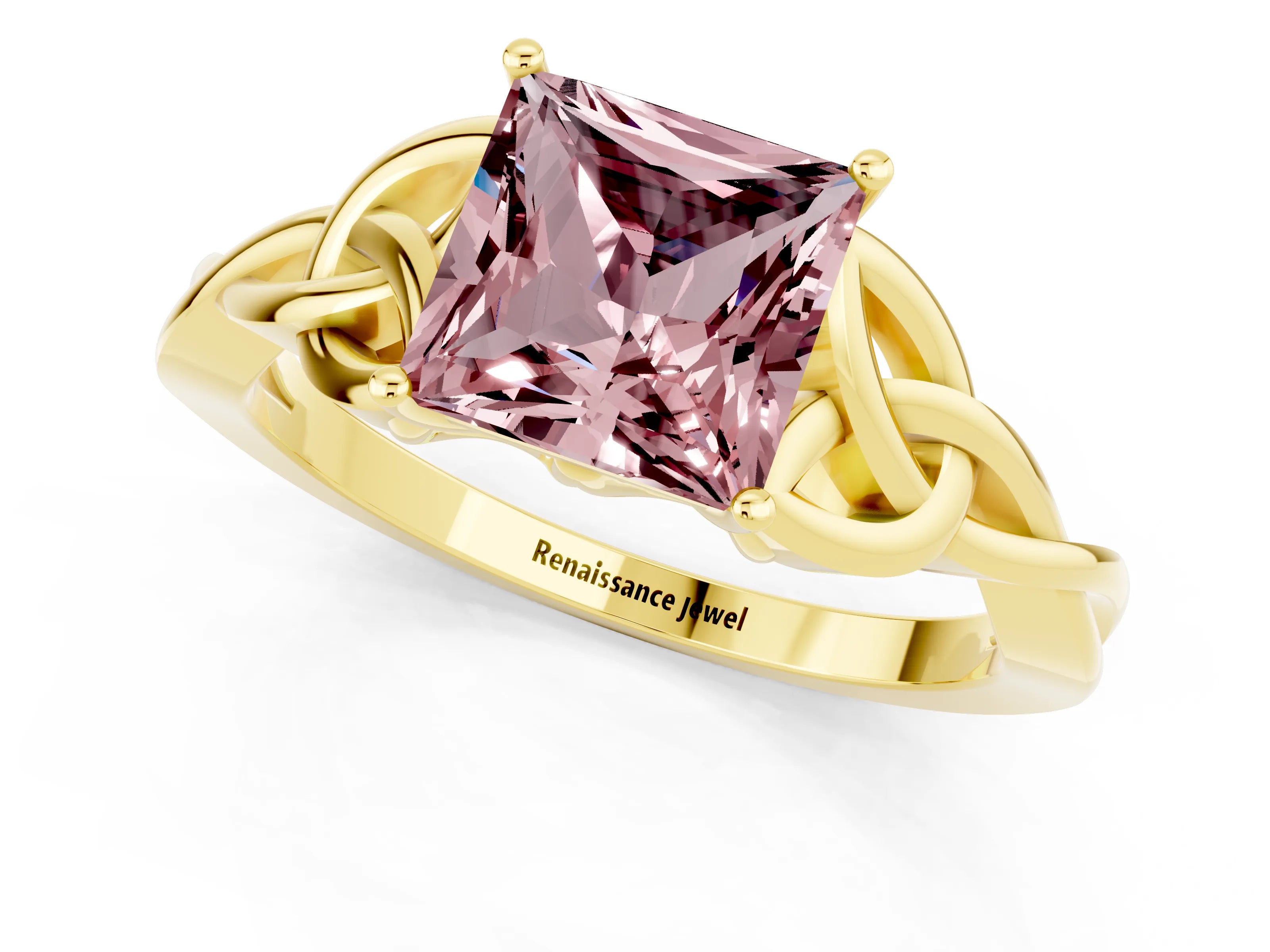 Yellow gold Princess Cut Morganite Solitaire Engagement Ring with Celtic Knot Band and Four-Prong Setting_1
