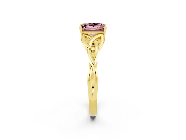 Yellow gold Princess Cut Morganite Solitaire Engagement Ring with Celtic Knot Band and Four-Prong Setting