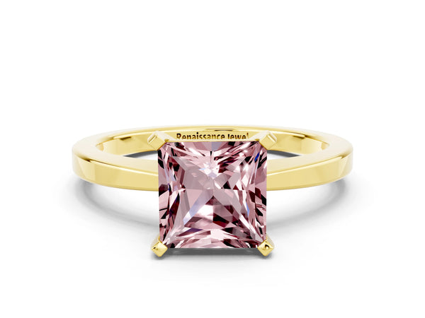 Yellow gold Princess Cut Morganite Solitaire Engagement Ring with Classic Band and Four-Prong Setting