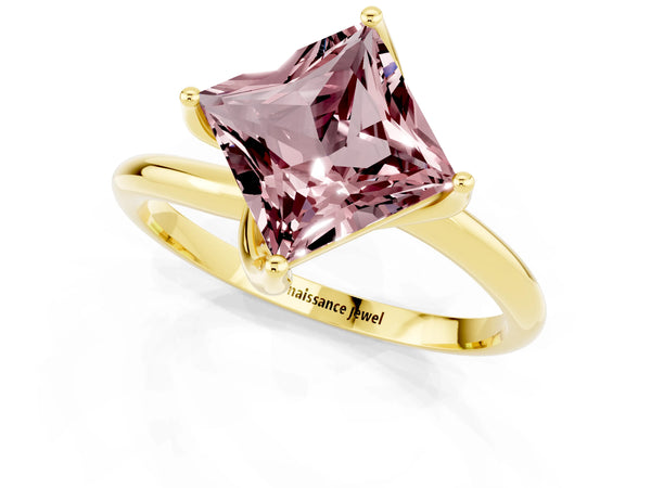 Yellow gold Princess Cut Morganite Solitaire Engagement Ring with Four-Prong Setting and Classic Band
