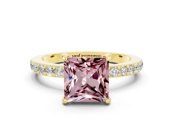 Yellow gold Princess Cut Morganite Solitaire Engagement Ring with Pavé Band and Four-Prong Setting