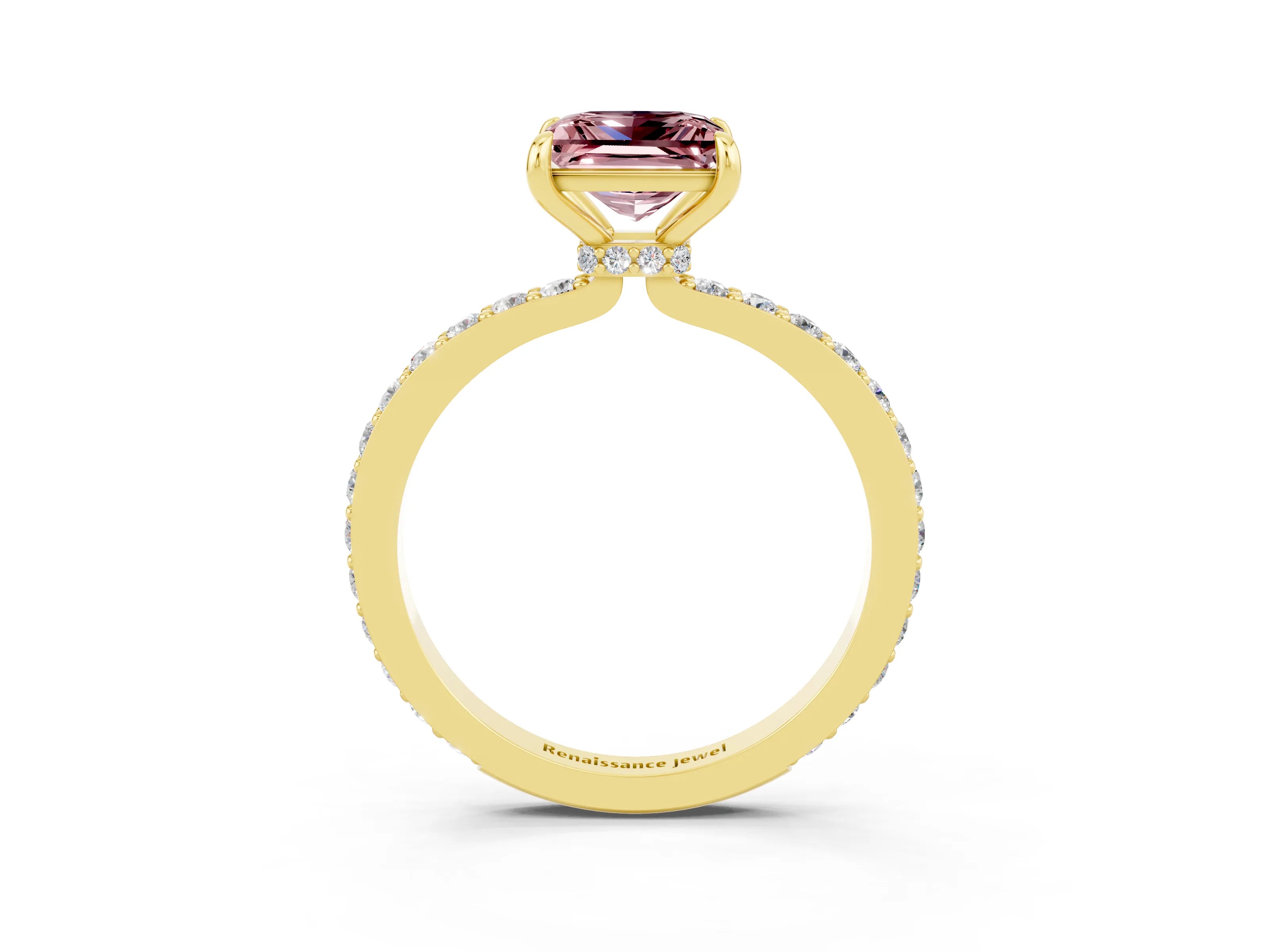 Yellow gold Princess Cut Morganite Solitaire Engagement Ring with Pavé Band and Four-Prong Setting_3