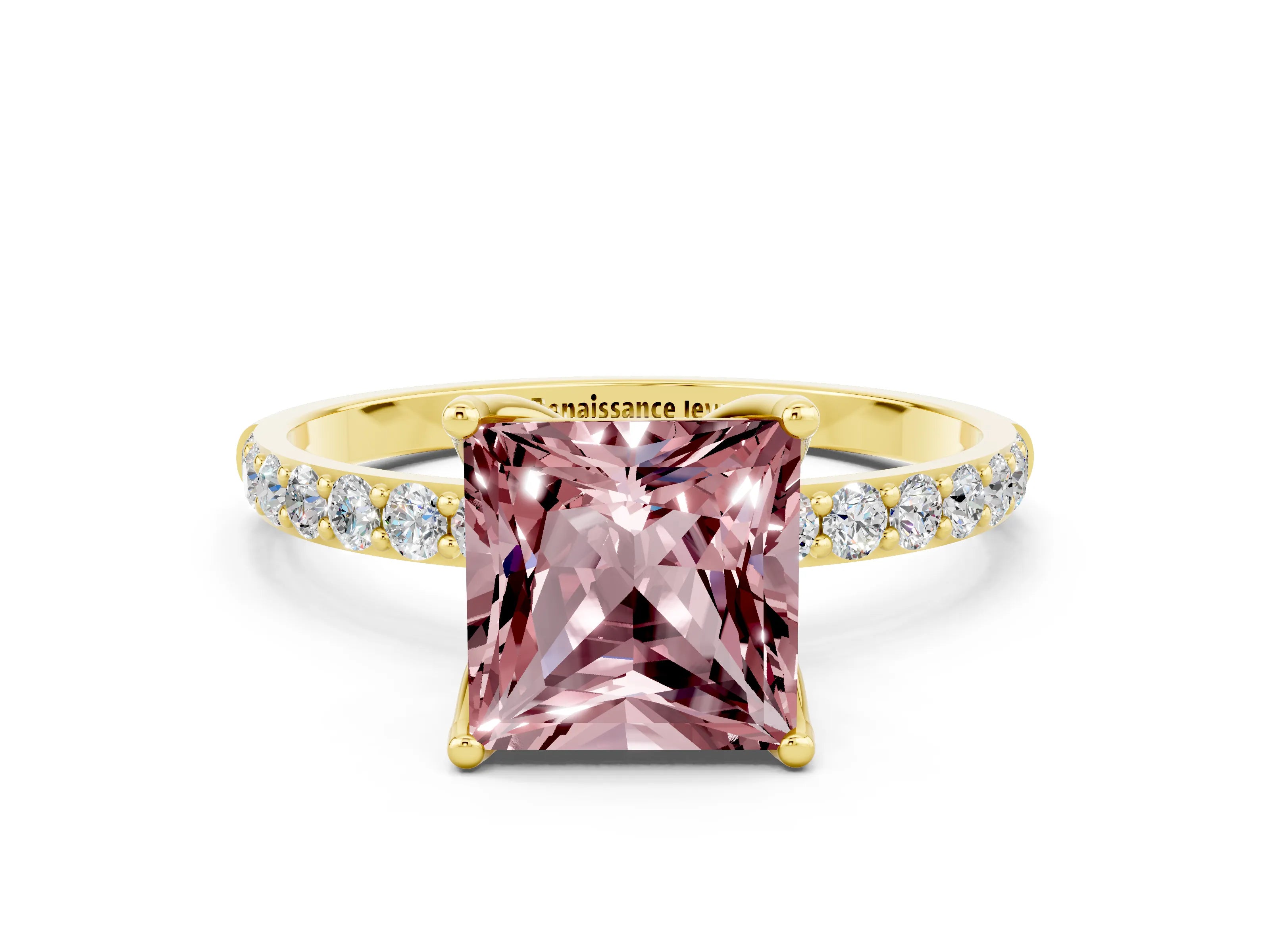 Yellow gold Princess Cut Morganite Solitaire Engagement Ring with Pavé Band and Prong Setting