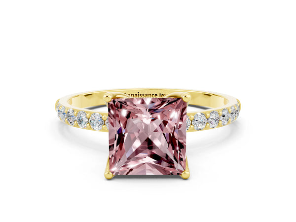 Yellow gold Princess Cut Morganite Solitaire Engagement Ring with Round  Pavé Band and Prong Setting