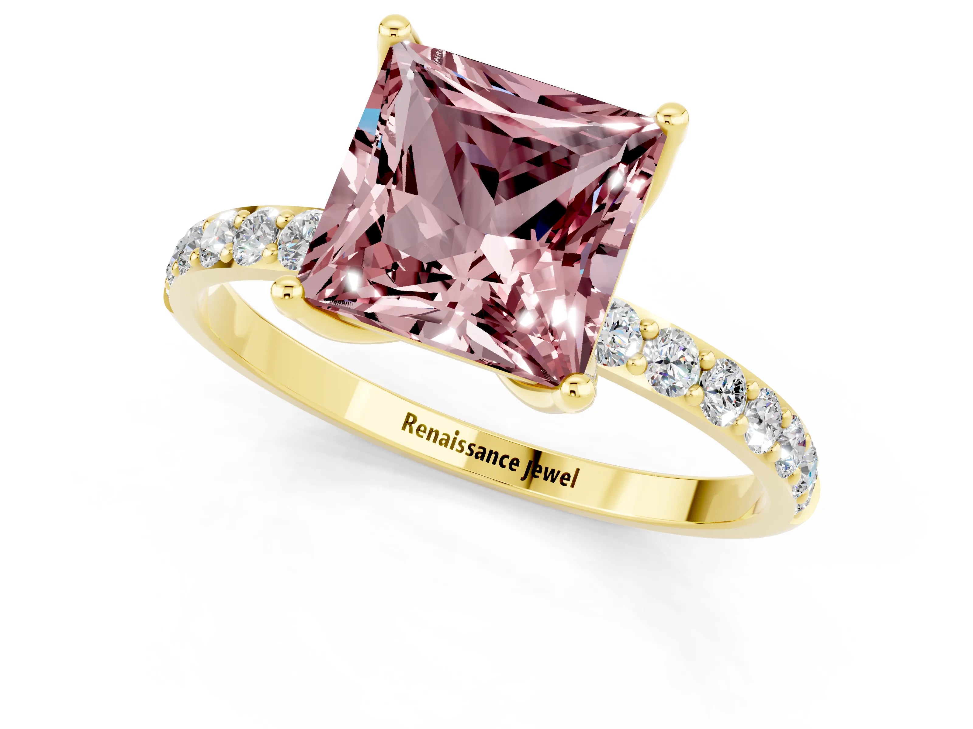 Yellow gold Princess Cut Morganite Solitaire Engagement Ring with Pavé Band and Prong Setting_1