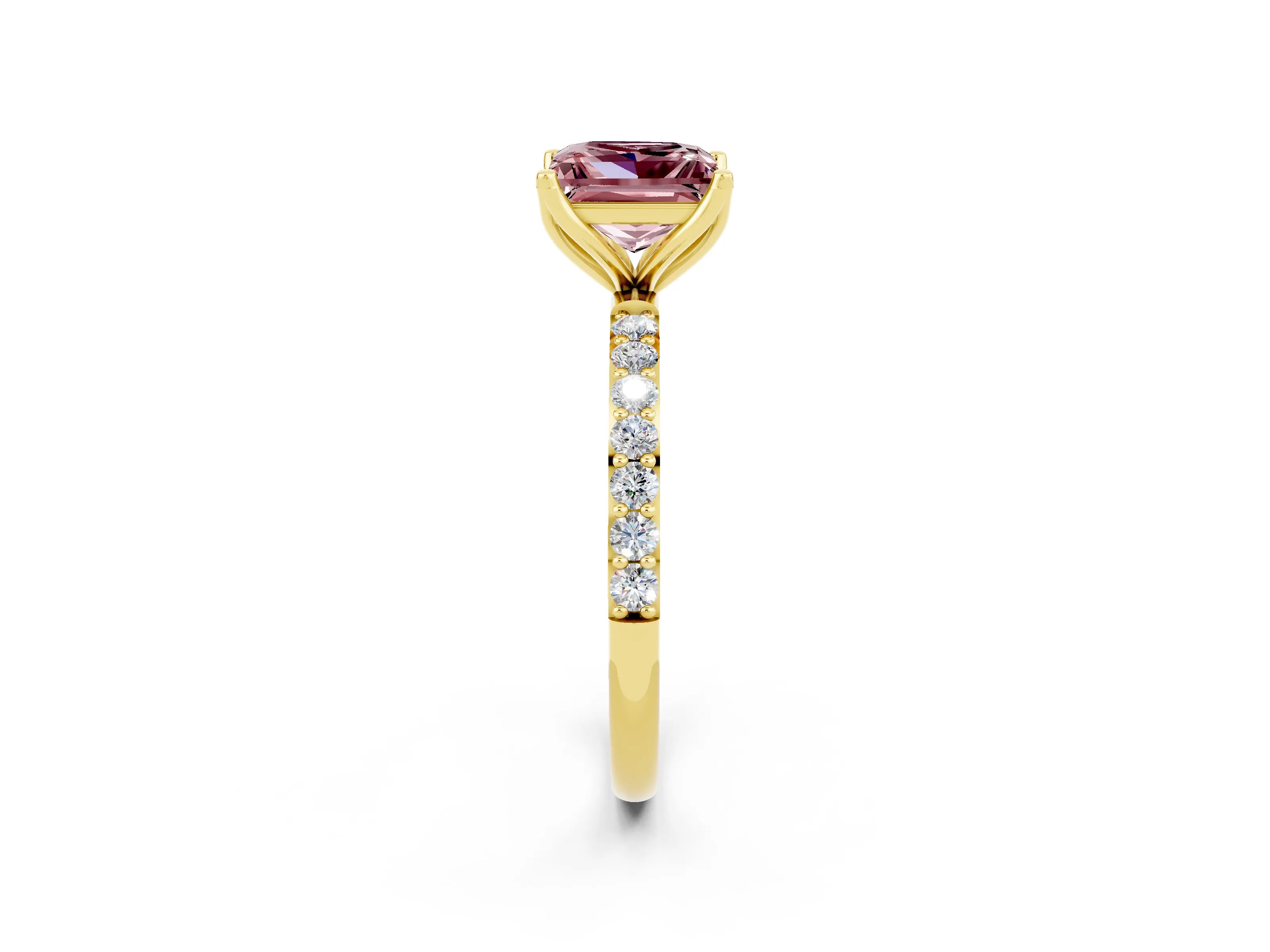 Yellow gold Princess Cut Morganite Solitaire Engagement Ring with Pavé Band and Prong Setting_2