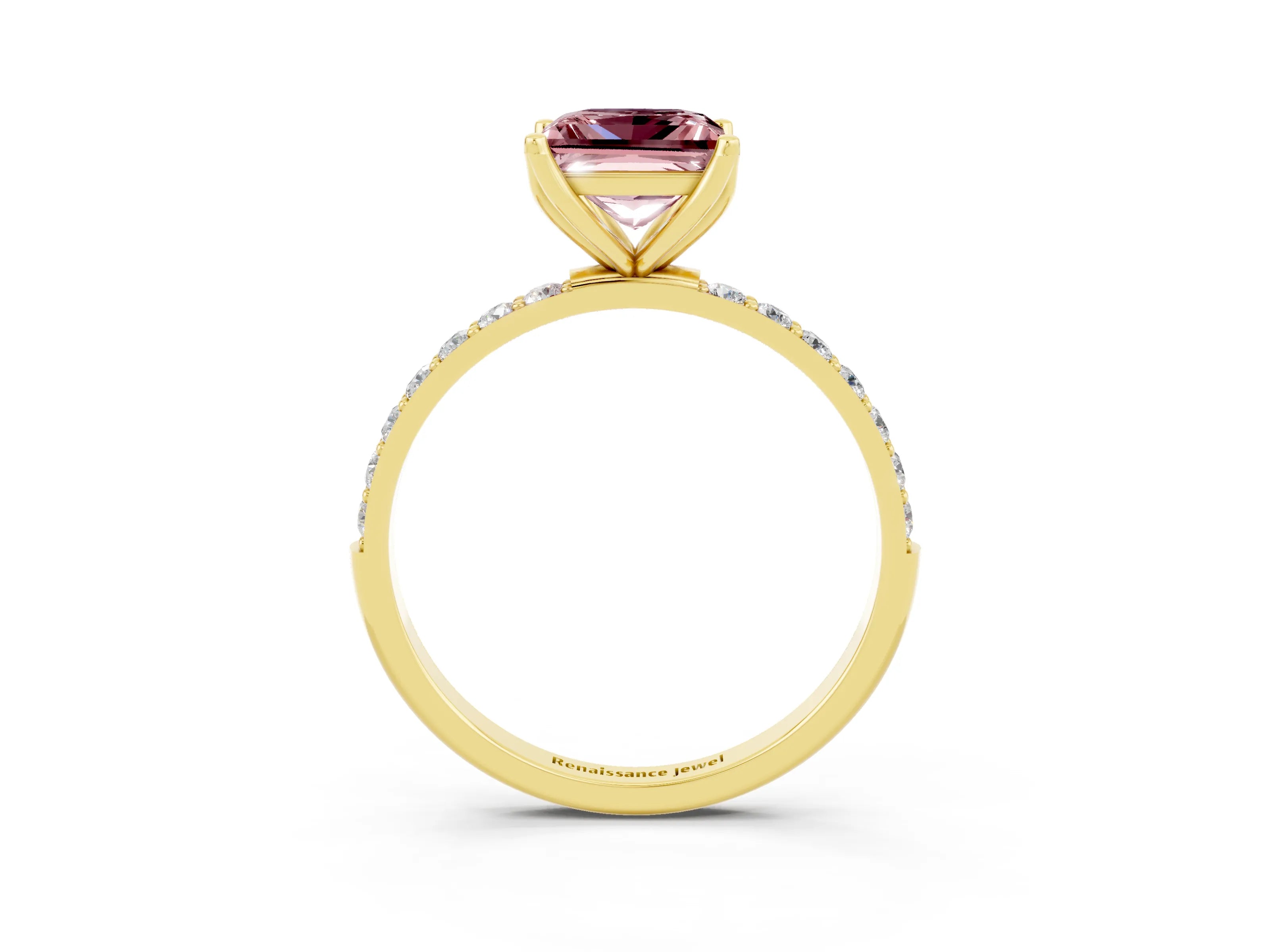 Yellow gold Princess Cut Morganite Solitaire Engagement Ring with Pavé Band and Prong Setting_3
