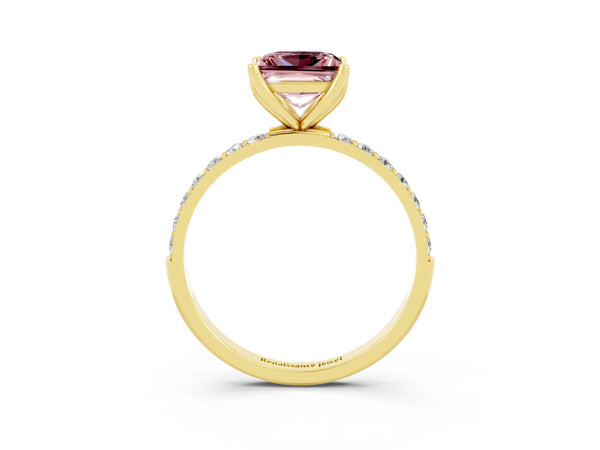Yellow gold Princess Cut Morganite Solitaire Engagement Ring with Round  Pavé Band and Prong Setting