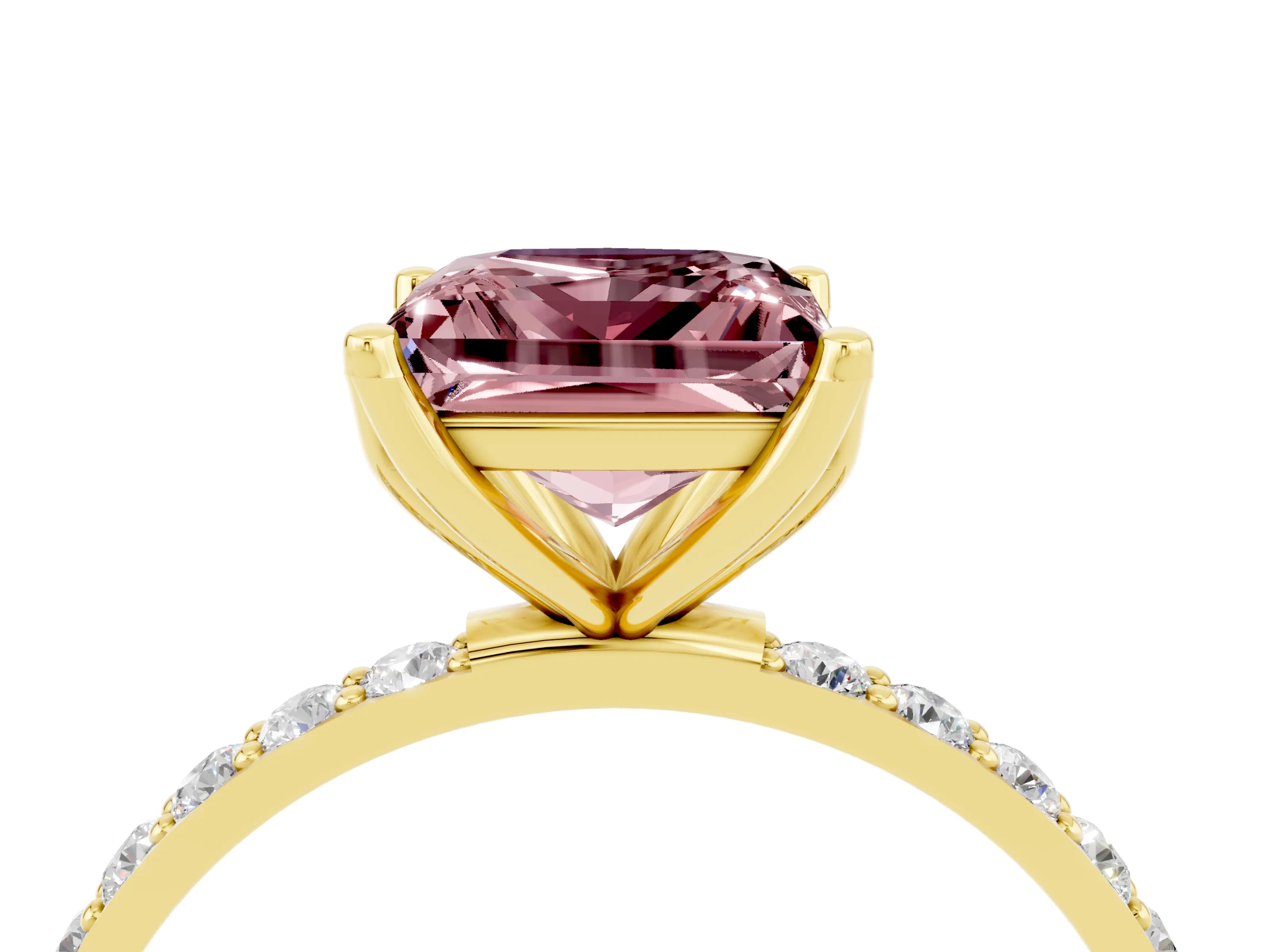 Yellow gold Princess Cut Morganite Solitaire Engagement Ring with Pavé Band and Prong Setting_4
