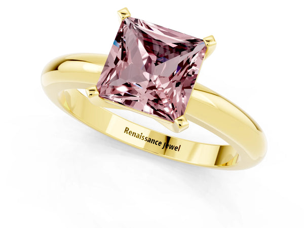 Yellow gold Princess Cut Morganite Solitaire Engagement Ring with Round Band and Four-Prong Setting