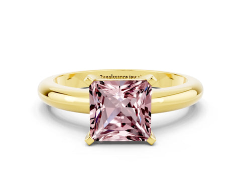 Yellow gold Princess Cut Morganite Solitaire Engagement Ring with Round Band and Four-Prong Setting